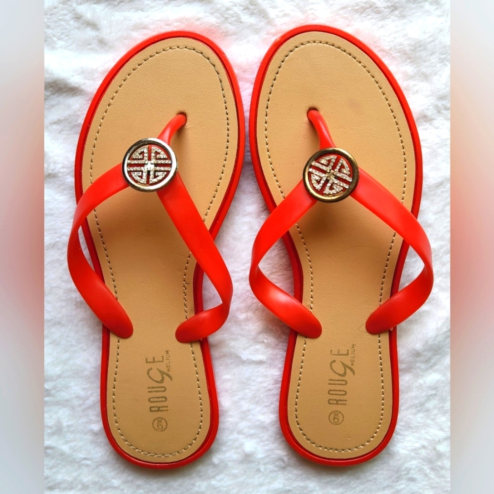 LIKE NEW Rouge Helium Red and Tan Sandals with Flat Sole